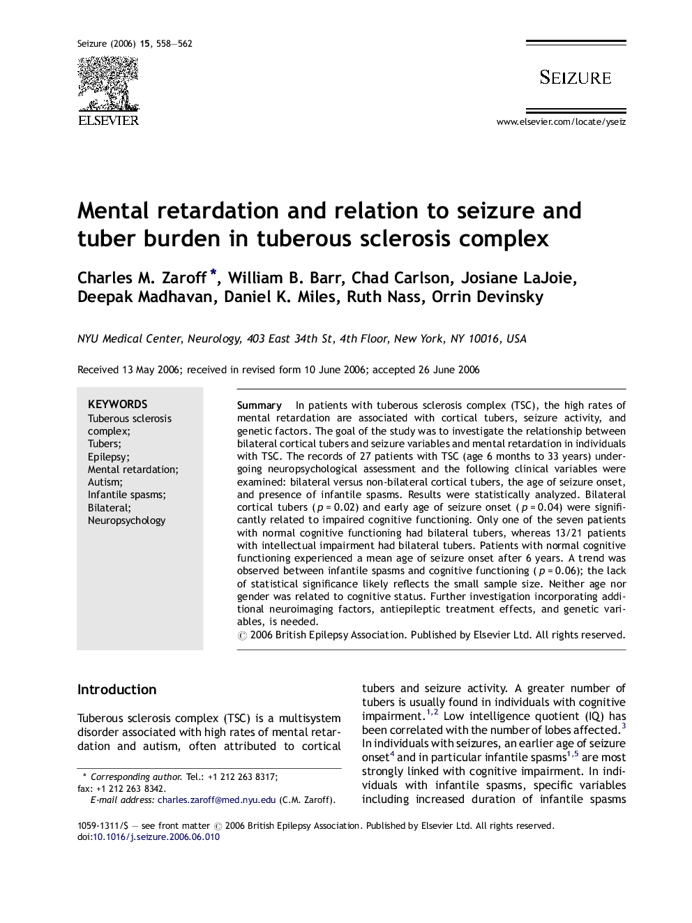 Mental retardation and relation to seizure and tuber burden in tuberous sclerosis complex