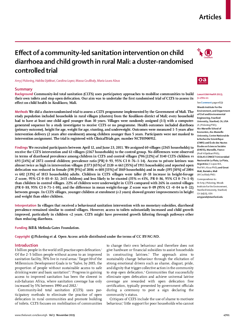 Effect of a community-led sanitation intervention on child diarrhoea and child growth in rural Mali: a cluster-randomised controlled trial