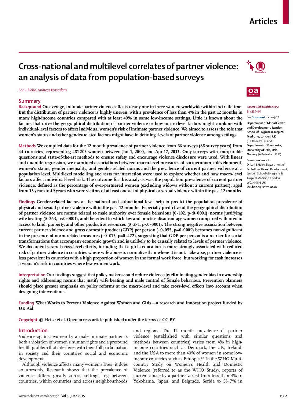 Cross-national and multilevel correlates of partner violence: an analysis of data from population-based surveys