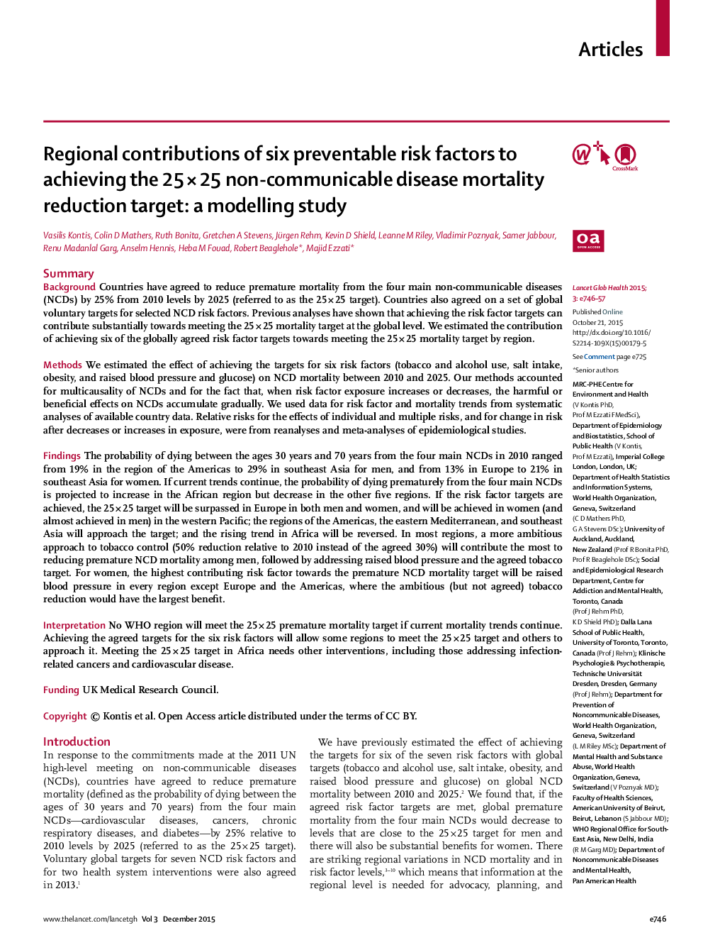 Regional contributions of six preventable risk factors to achieving the 25 × 25 non-communicable disease mortality reduction target: a modelling study