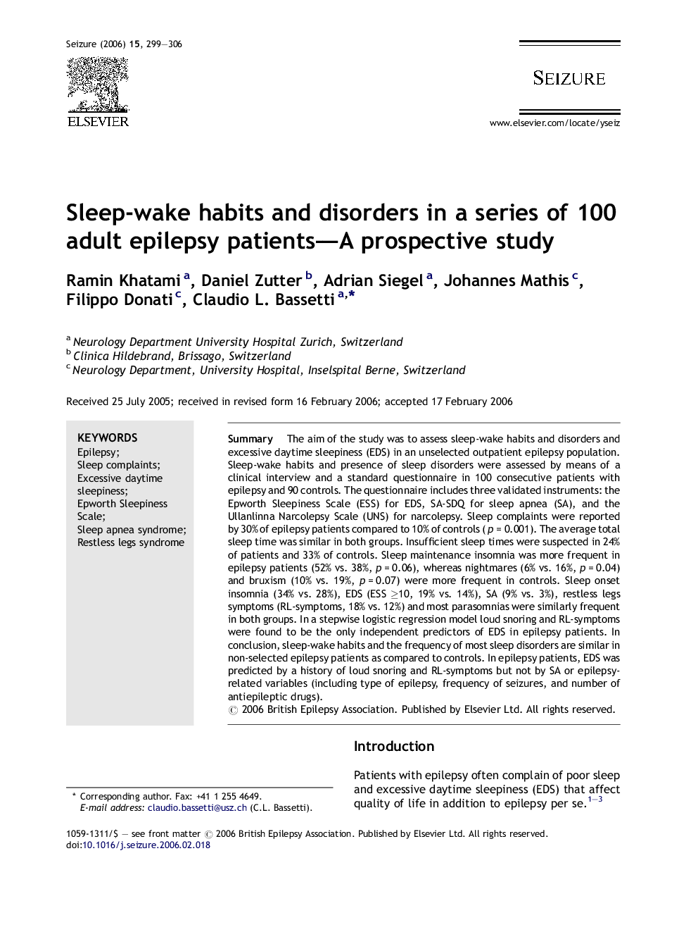 Sleep-wake habits and disorders in a series of 100 adult epilepsy patients—A prospective study