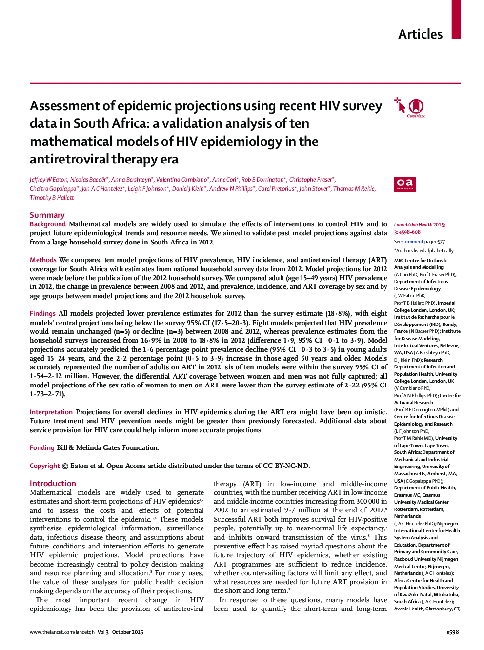 Assessment of epidemic projections using recent HIV survey data in South Africa: a validation analysis of ten mathematical models of HIV epidemiology in the antiretroviral therapy era