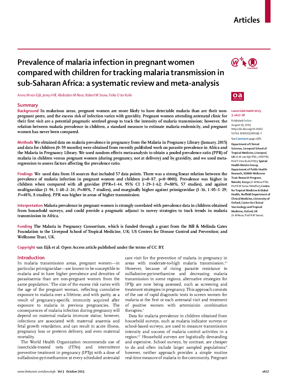 Prevalence of malaria infection in pregnant women compared with children for tracking malaria transmission in sub-Saharan Africa: a systematic review and meta-analysis