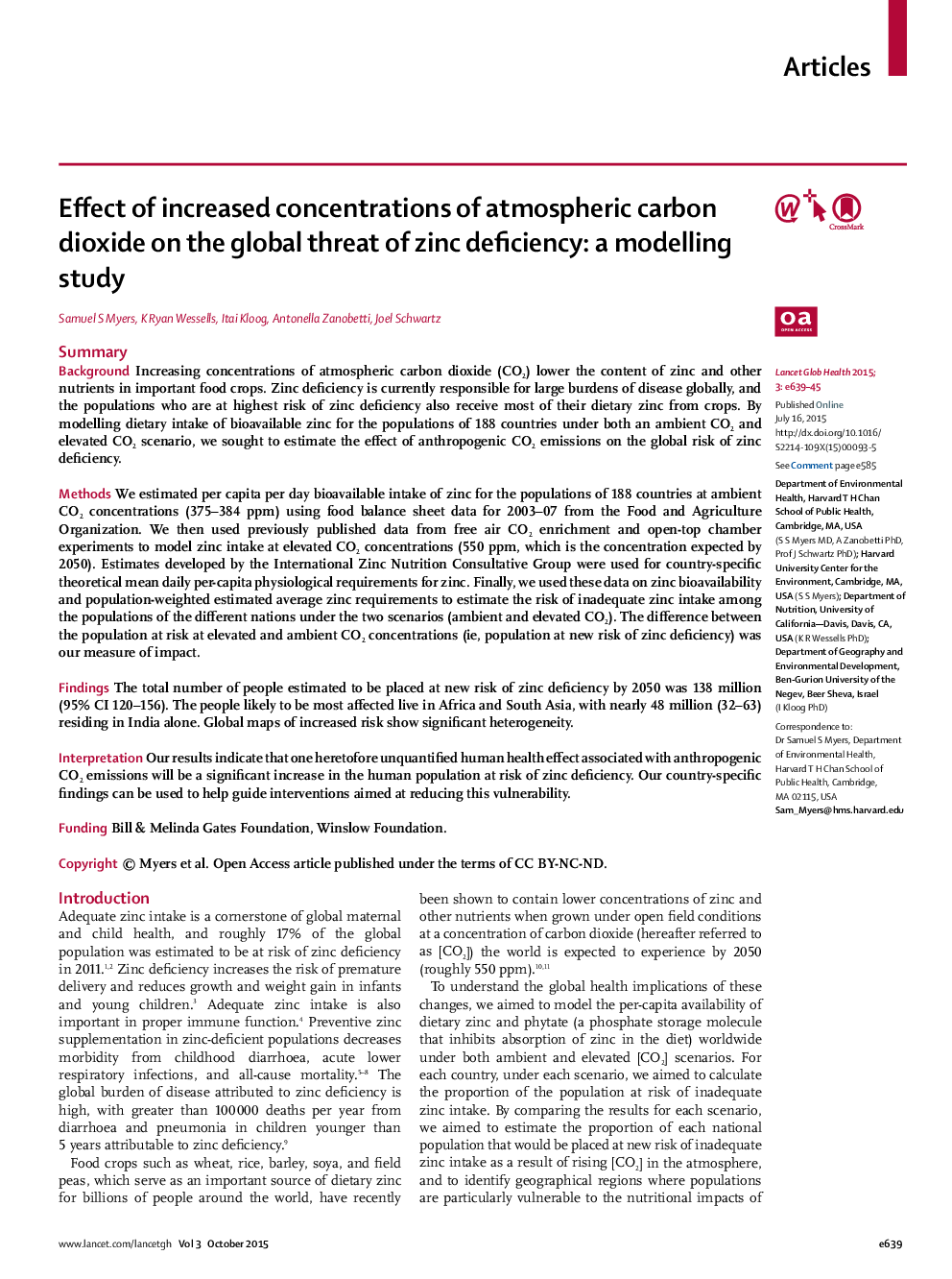 Effect of increased concentrations of atmospheric carbon dioxide on the global threat of zinc deficiency: a modelling study