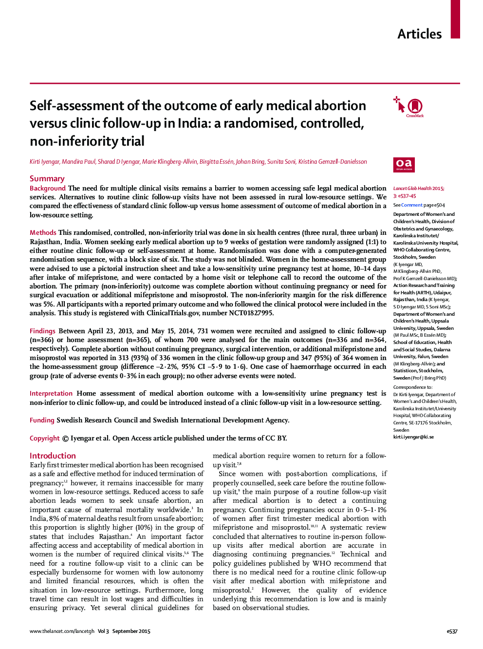 Self-assessment of the outcome of early medical abortion versus clinic follow-up in India: a randomised, controlled, non-inferiority trial