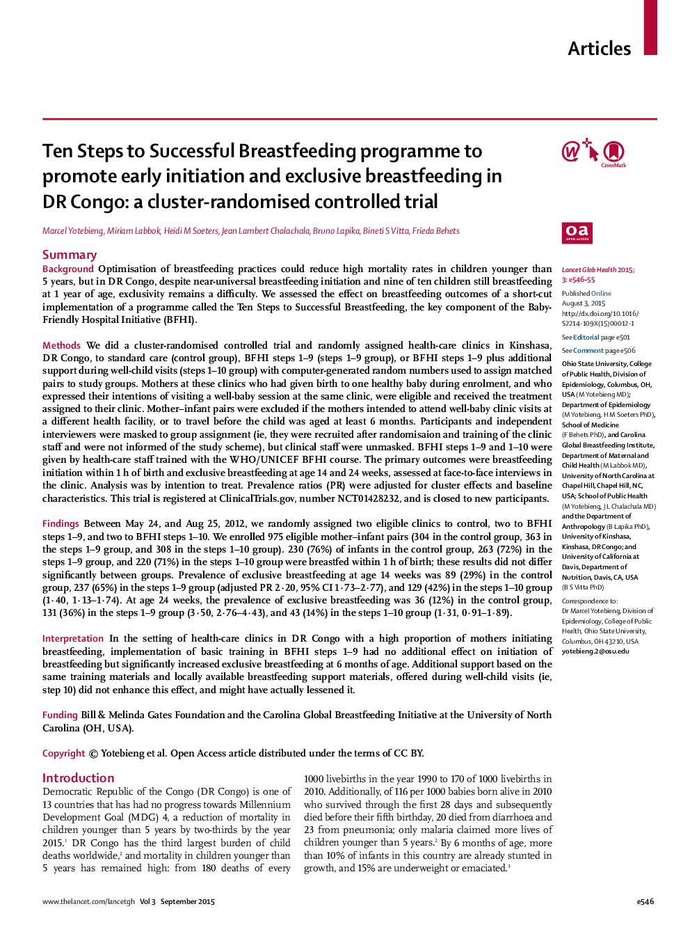 Ten Steps to Successful Breastfeeding programme to promote early initiation and exclusive breastfeeding in DR Congo: a cluster-randomised controlled trial