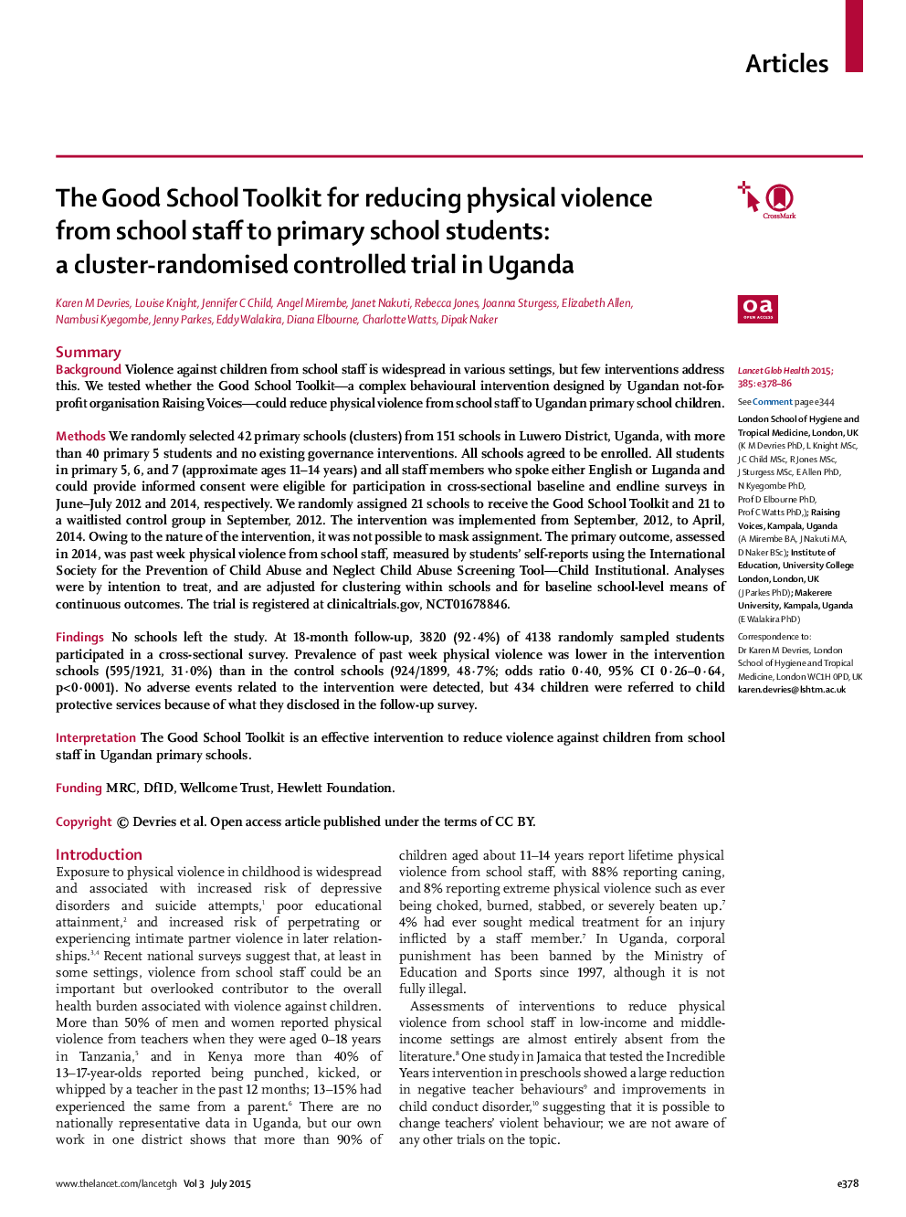 The Good School Toolkit for reducing physical violence from school staff to primary school students: a cluster-randomised controlled trial in Uganda