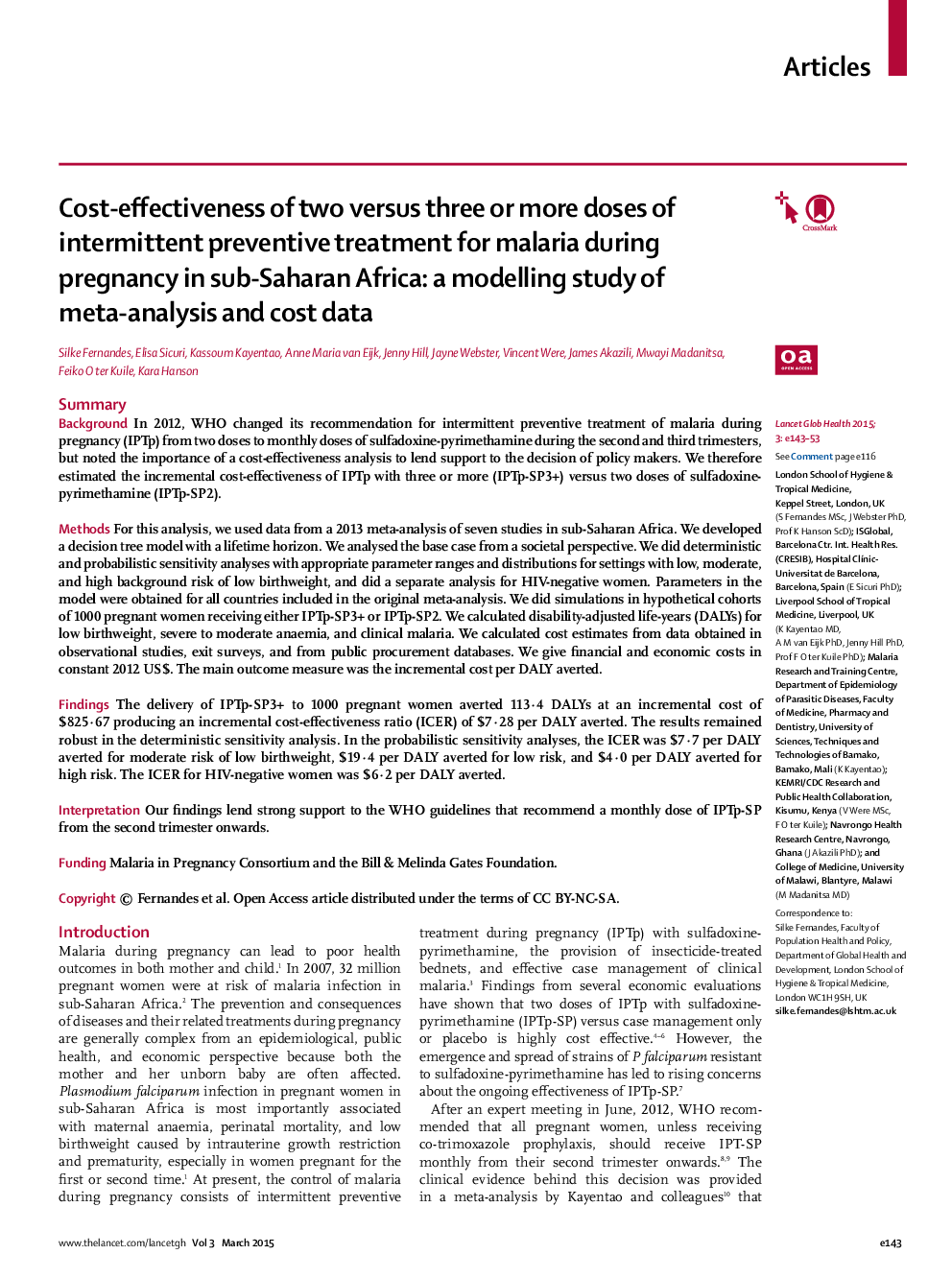 Cost-effectiveness of two versus three or more doses of intermittent preventive treatment for malaria during pregnancy in sub-Saharan Africa: a modelling study of meta-analysis and cost data