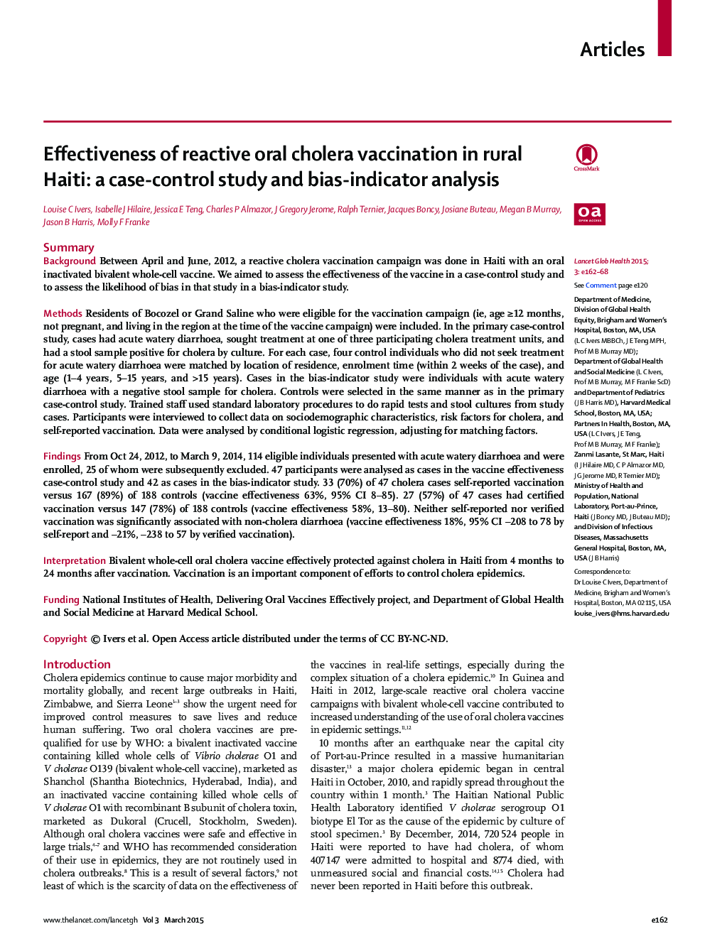 Effectiveness of reactive oral cholera vaccination in rural Haiti: a case-control study and bias-indicator analysis