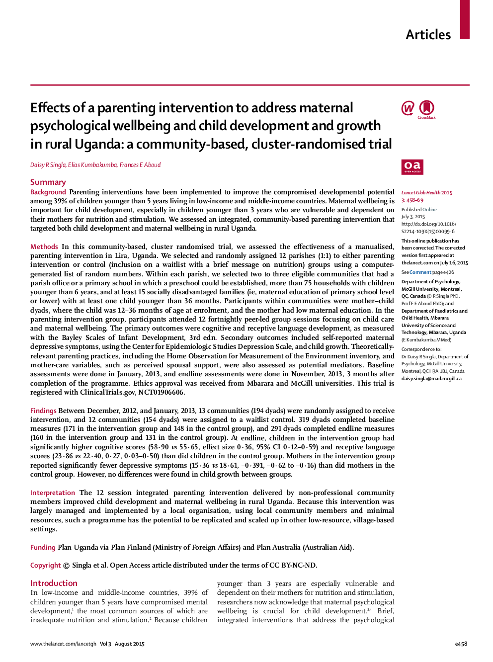 Effects of a parenting intervention to address maternal psychological wellbeing and child development and growth in rural Uganda: a community-based, cluster-randomised trial