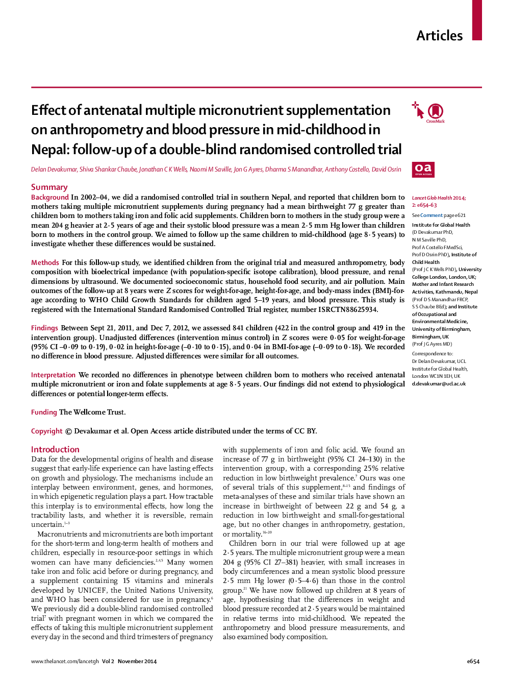 Effect of antenatal multiple micronutrient supplementation on anthropometry and blood pressure in mid-childhood in Nepal: follow-up of a double-blind randomised controlled trial