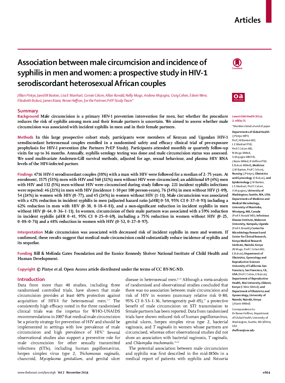 Association between male circumcision and incidence of syphilis in men and women: a prospective study in HIV-1 serodiscordant heterosexual African couples