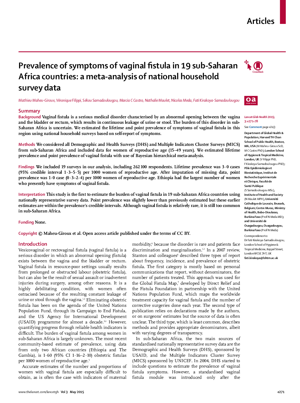 Prevalence of symptoms of vaginal fistula in 19 sub-Saharan Africa countries: a meta-analysis of national household survey data