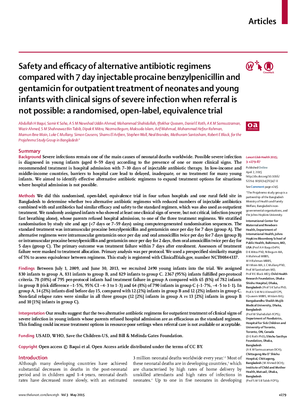 Safety and efficacy of alternative antibiotic regimens compared with 7 day injectable procaine benzylpenicillin and gentamicin for outpatient treatment of neonates and young infants with clinical signs of severe infection when referral is not possible: a 