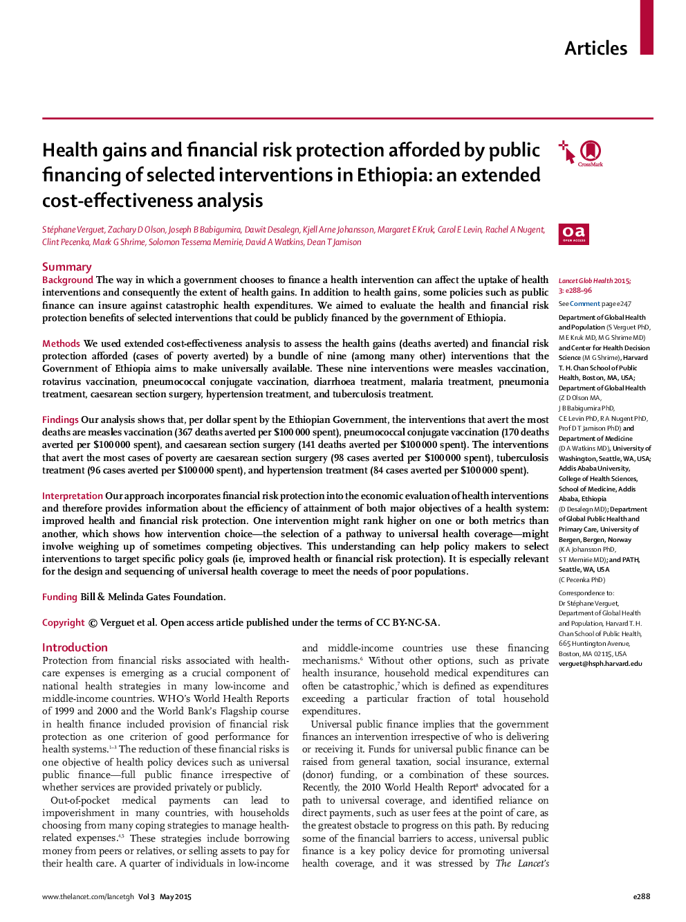 Health gains and financial risk protection afforded by public financing of selected interventions in Ethiopia: an extended cost-effectiveness analysis