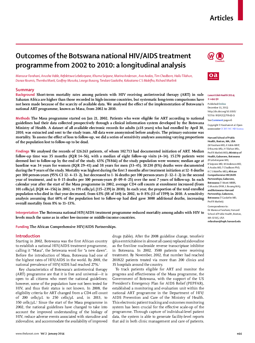 Outcomes of the Botswana national HIV/AIDS treatment programme from 2002 to 2010: a longitudinal analysis