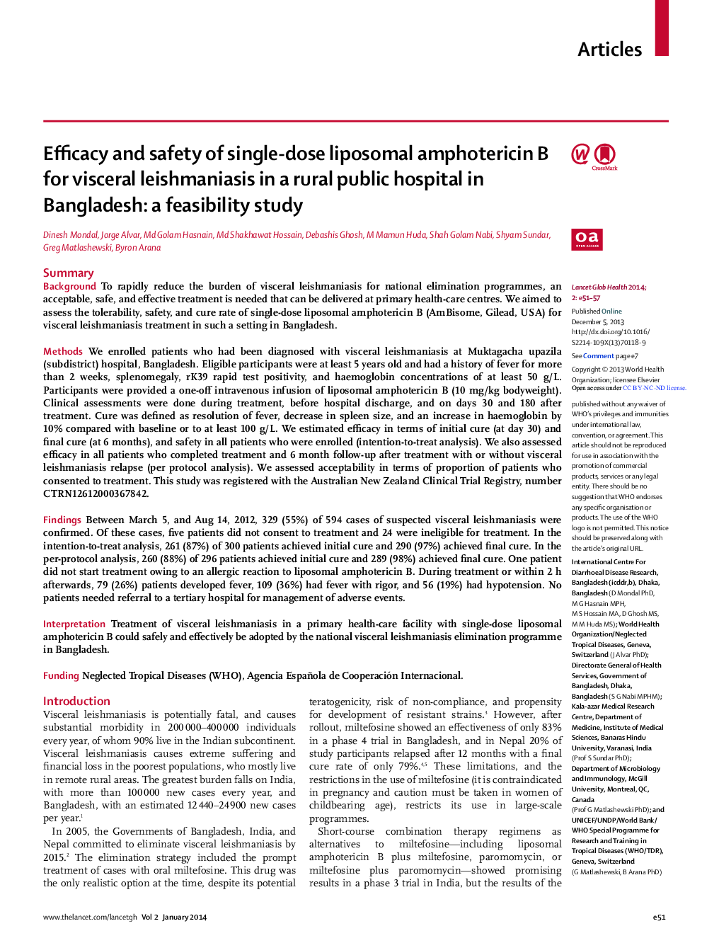 Efficacy and safety of single-dose liposomal amphotericin B for visceral leishmaniasis in a rural public hospital in Bangladesh: a feasibility study