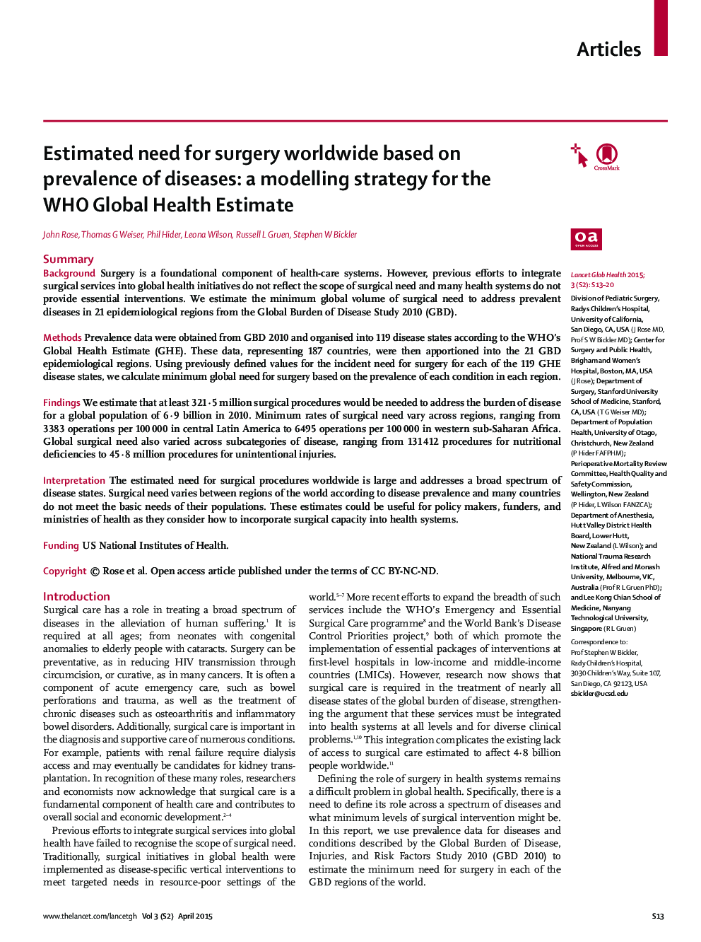 Estimated need for surgery worldwide based on prevalence of diseases: a modelling strategy for the WHO Global Health Estimate