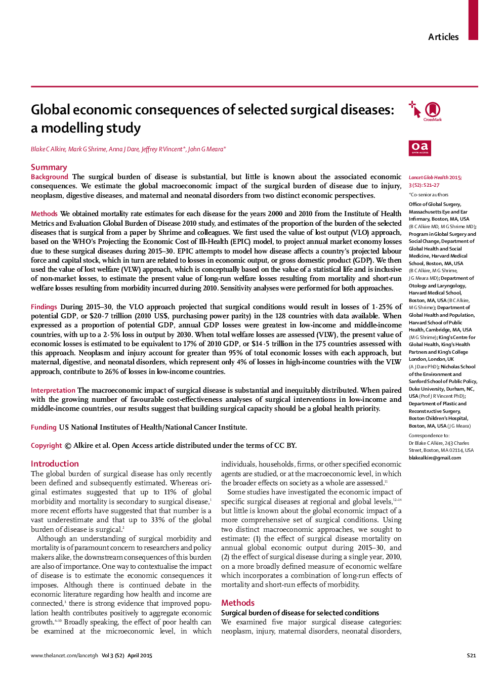 Global economic consequences of selected surgical diseases: a modelling study