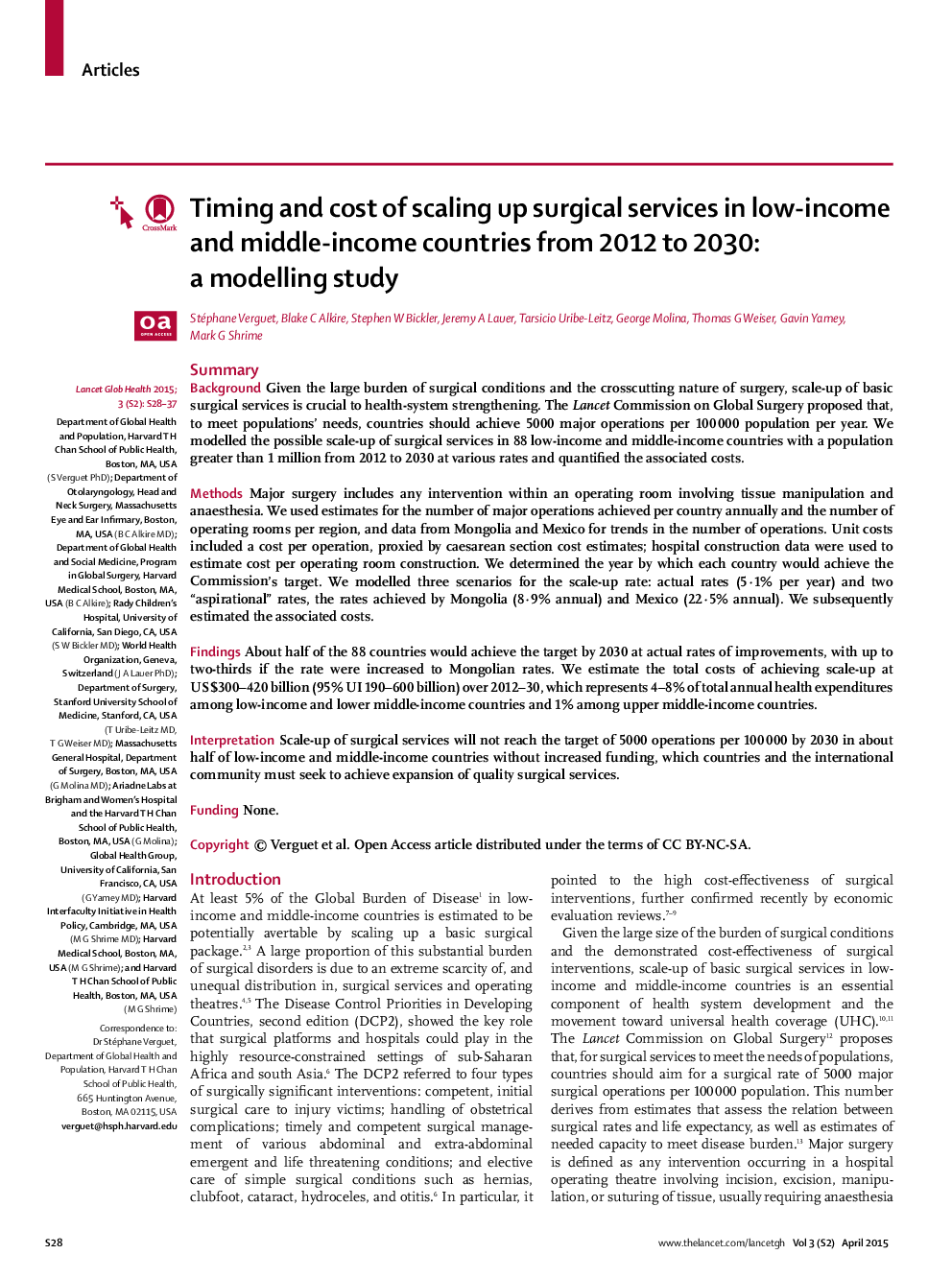 Timing and cost of scaling up surgical services in low-income and middle-income countries from 2012 to 2030: a modelling study