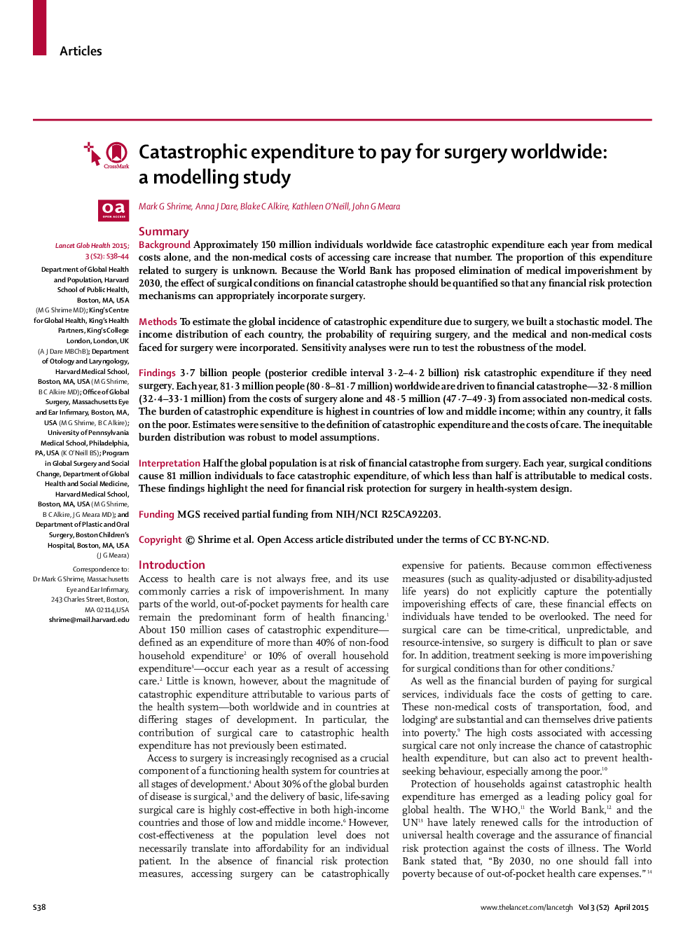 Catastrophic expenditure to pay for surgery worldwide: a modelling study