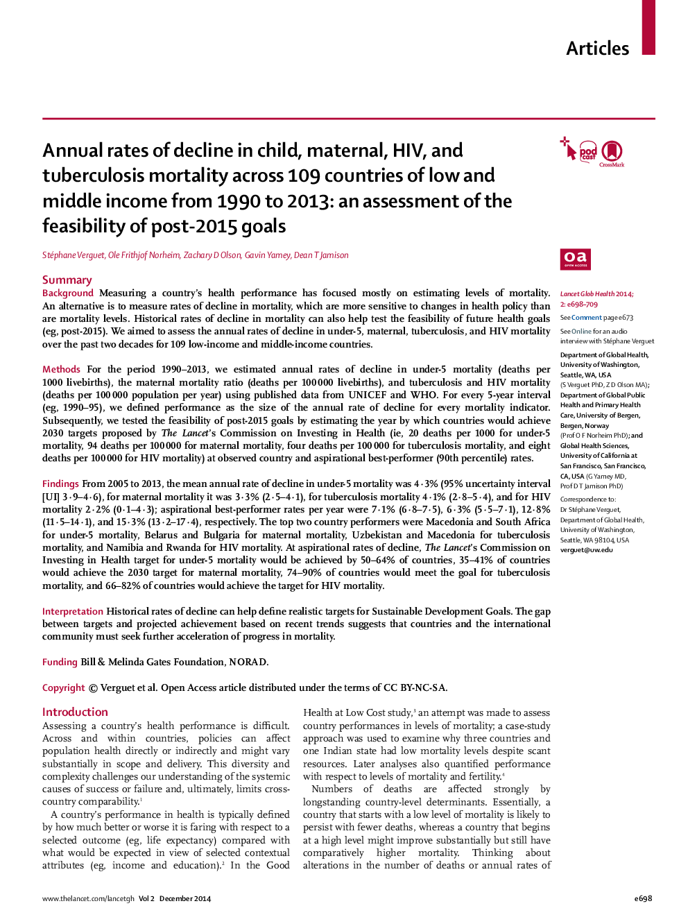 Annual rates of decline in child, maternal, HIV, and tuberculosis mortality across 109 countries of low and middle income from 1990 to 2013: an assessment of the feasibility of post-2015 goals