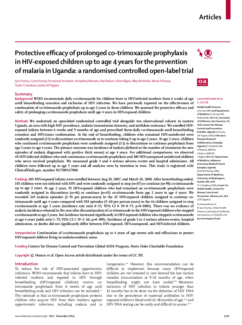 Protective efficacy of prolonged co-trimoxazole prophylaxis in HIV-exposed children up to age 4 years for the prevention of malaria in Uganda: a randomised controlled open-label trial