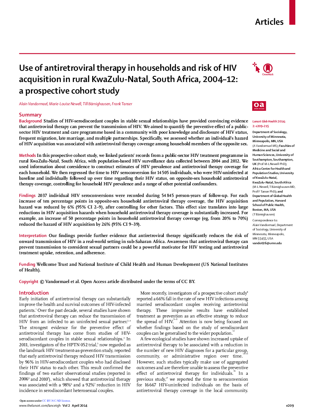 Use of antiretroviral therapy in households and risk of HIV acquisition in rural KwaZulu-Natal, South Africa, 2004–12: a prospective cohort study