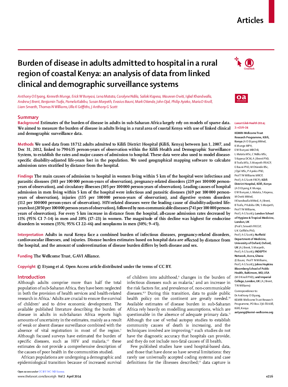 Burden of disease in adults admitted to hospital in a rural region of coastal Kenya: an analysis of data from linked clinical and demographic surveillance systems