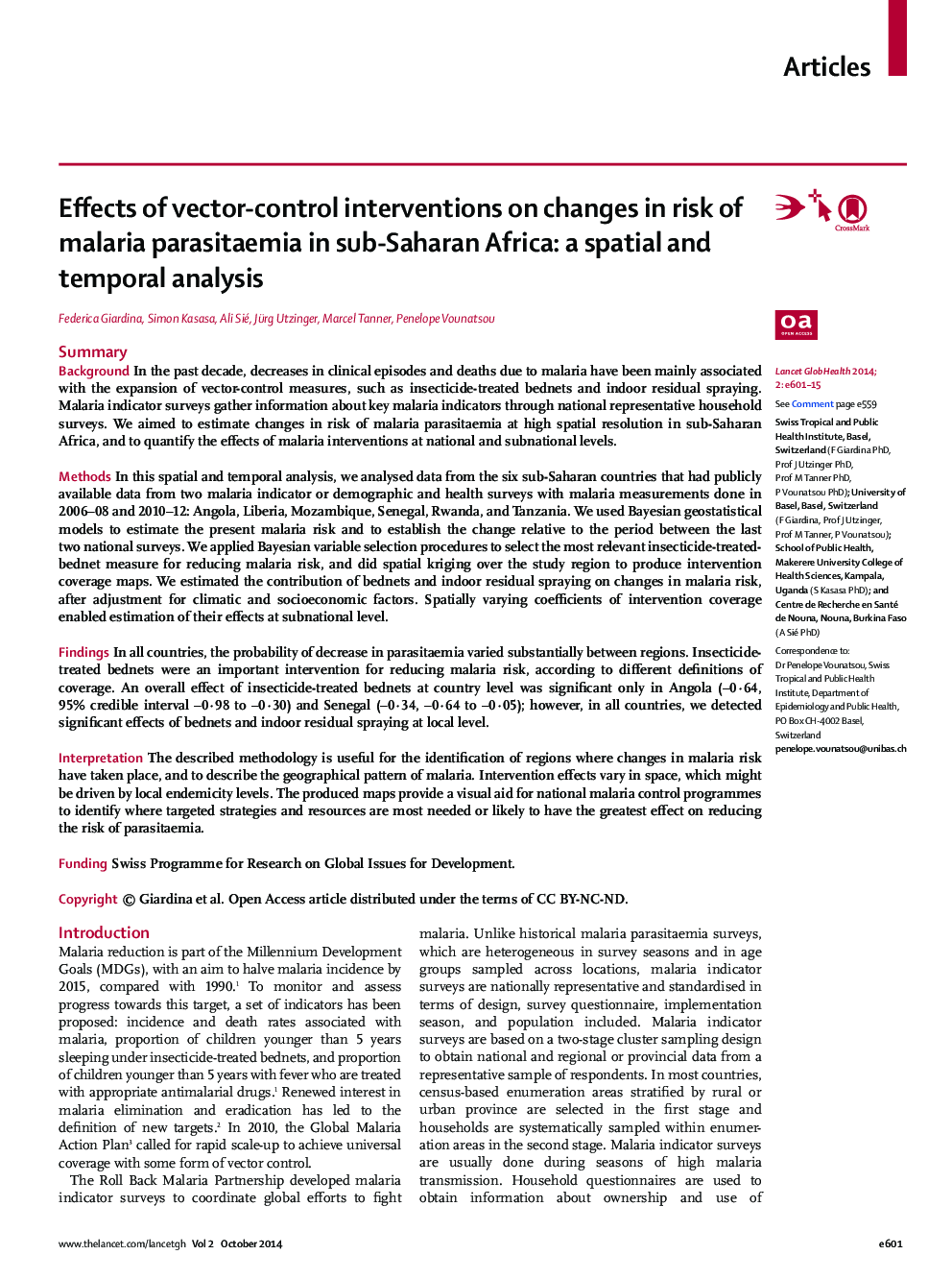 Effects of vector-control interventions on changes in risk of malaria parasitaemia in sub-Saharan Africa: a spatial and temporal analysis