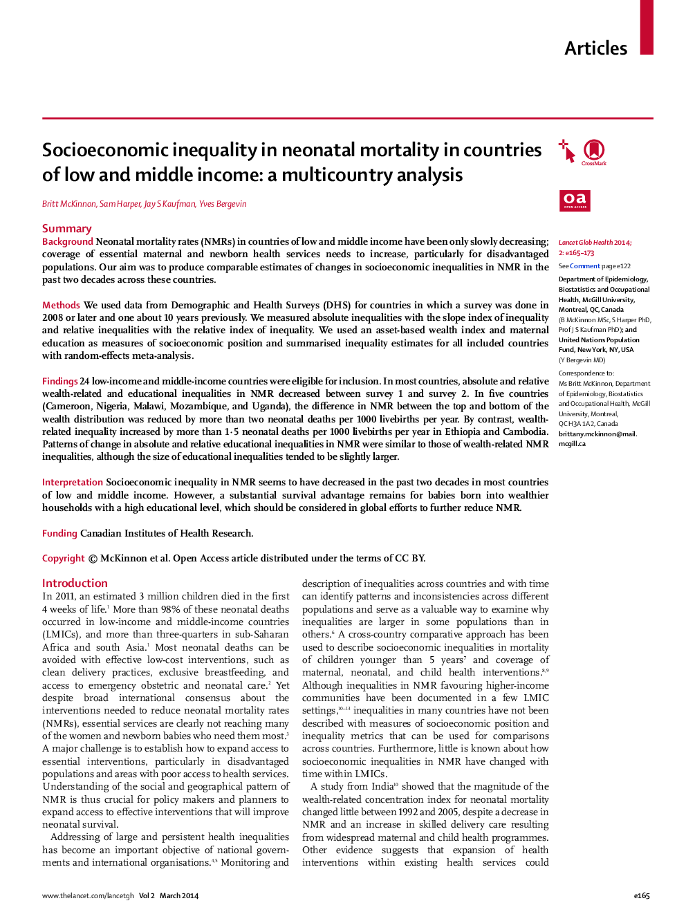 Socioeconomic inequality in neonatal mortality in countries of low and middle income: a multicountry analysis