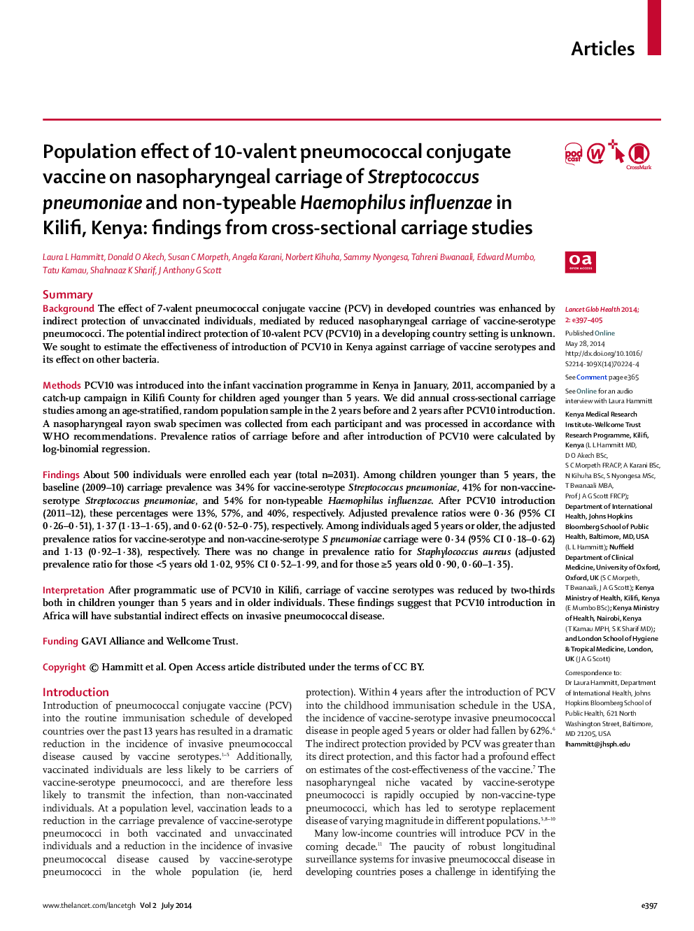 Population effect of 10-valent pneumococcal conjugate vaccine on nasopharyngeal carriage of Streptococcus pneumoniae and non-typeable Haemophilus influenzae in Kilifi, Kenya: findings from cross-sectional carriage studies