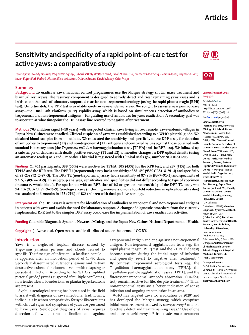 Sensitivity and specificity of a rapid point-of-care test for active yaws: a comparative study