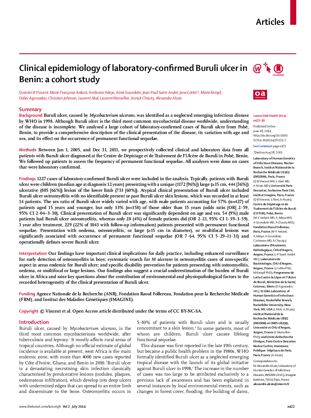 Clinical epidemiology of laboratory-confirmed Buruli ulcer in Benin: a cohort study