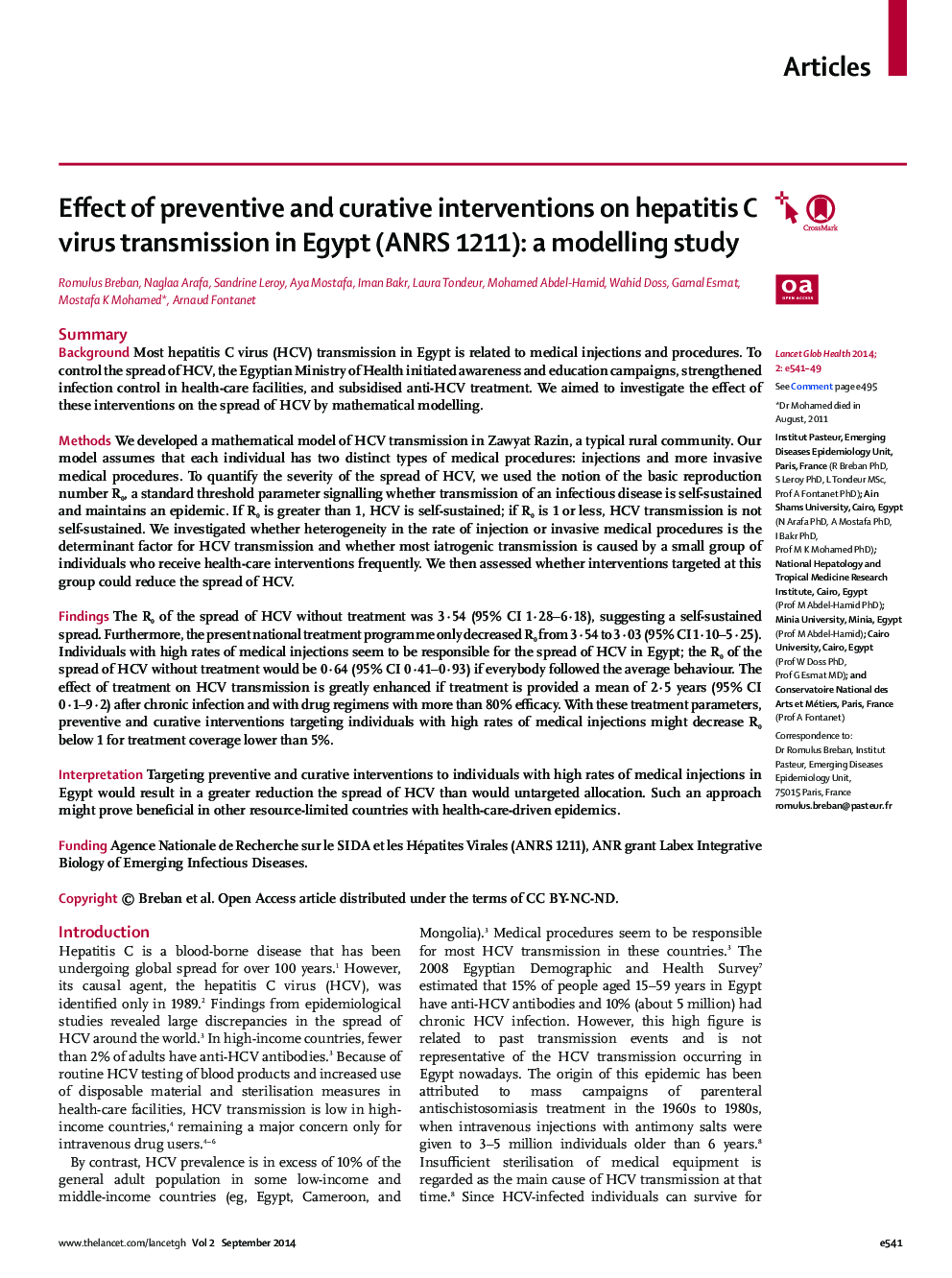 Effect of preventive and curative interventions on hepatitis C virus transmission in Egypt (ANRS 1211): a modelling study