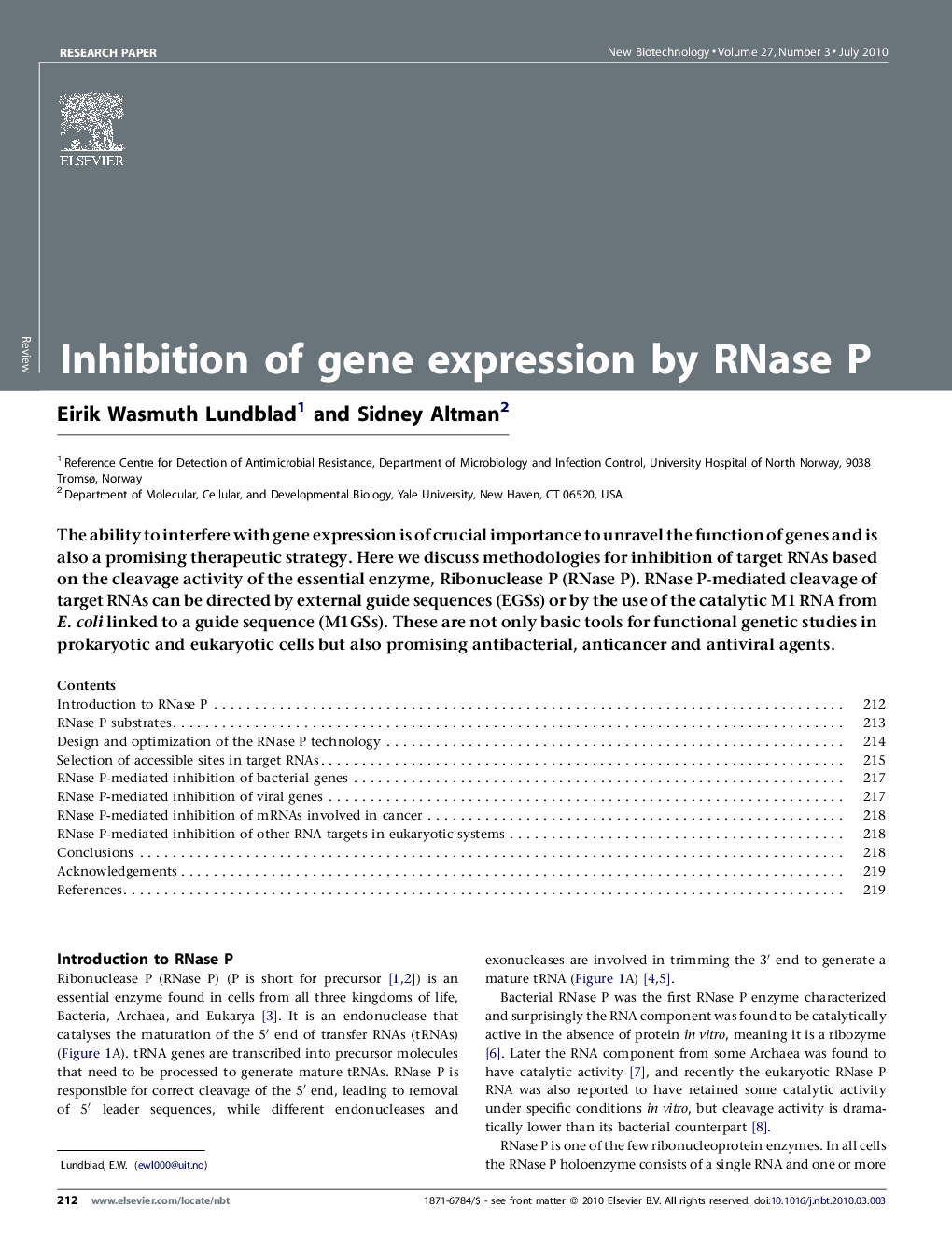 Inhibition of gene expression by RNase P