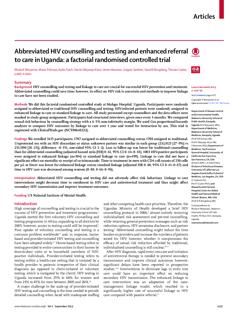 Abbreviated HIV counselling and testing and enhanced referral to care in Uganda: a factorial randomised controlled trial