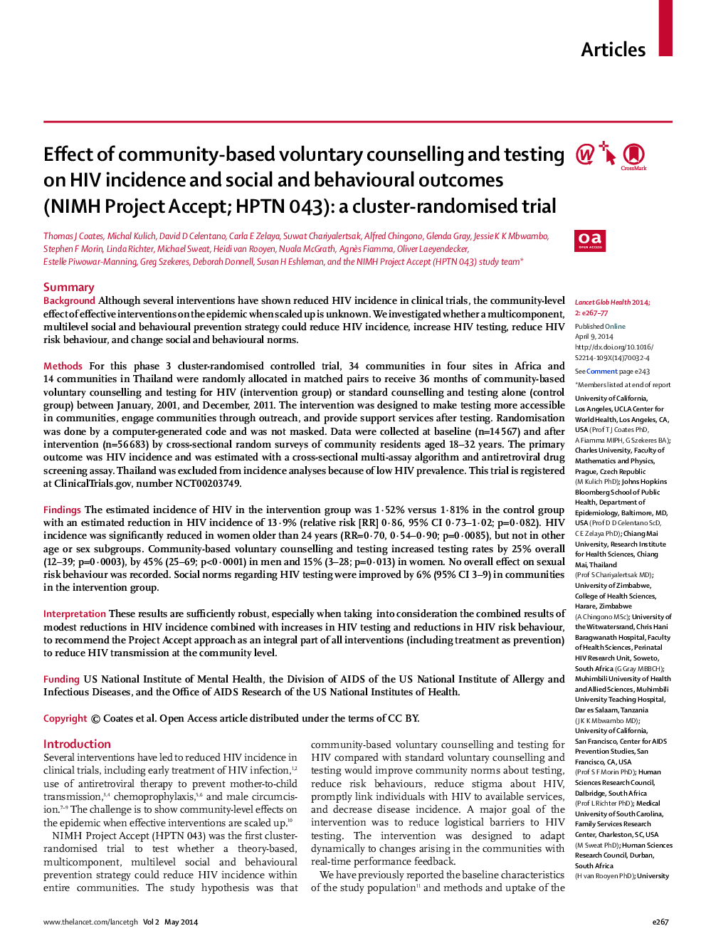 Effect of community-based voluntary counselling and testing on HIV incidence and social and behavioural outcomes (NIMH Project Accept; HPTN 043): a cluster-randomised trial