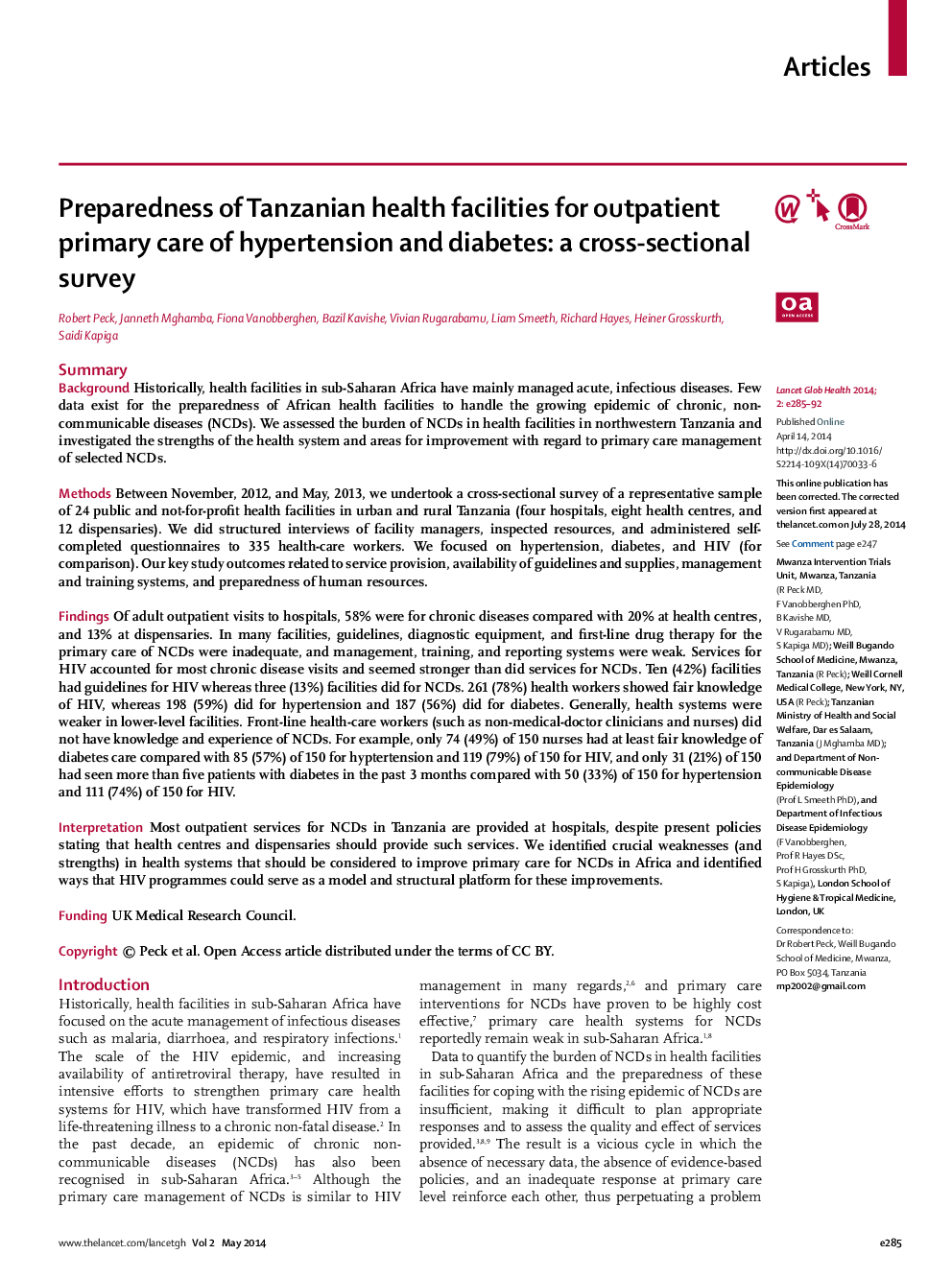 Preparedness of Tanzanian health facilities for outpatient primary care of hypertension and diabetes: a cross-sectional survey