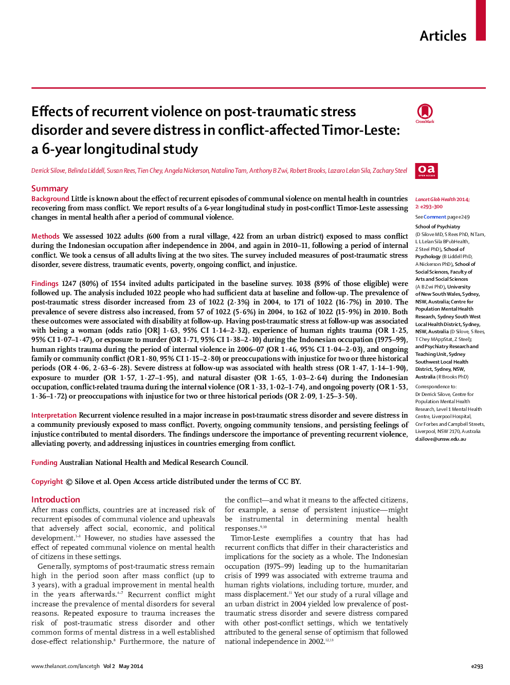 Effects of recurrent violence on post-traumatic stress disorder and severe distress in conflict-affected Timor-Leste: a 6-year longitudinal study