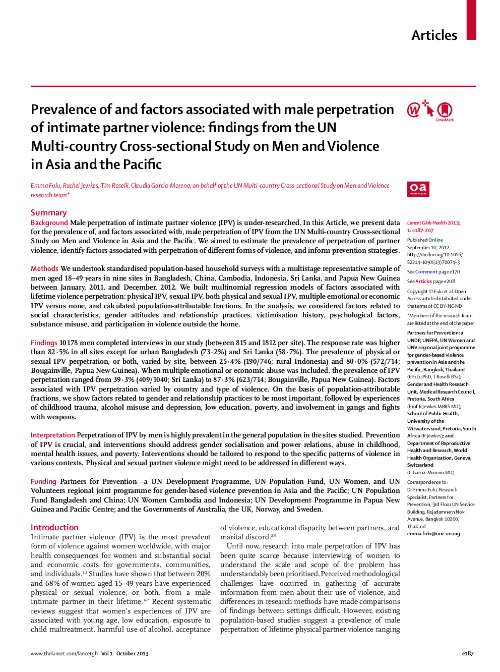 Prevalence of and factors associated with male perpetration of intimate partner violence: findings from the UN Multi-country Cross-sectional Study on Men and Violence in Asia and the Pacific