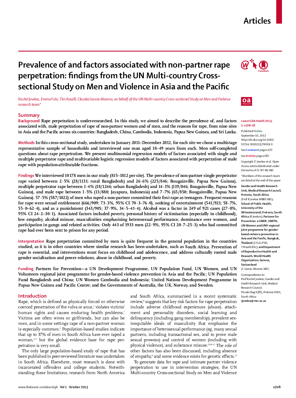 Prevalence of and factors associated with non-partner rape perpetration: findings from the UN Multi-country Cross-sectional Study on Men and Violence in Asia and the Pacific