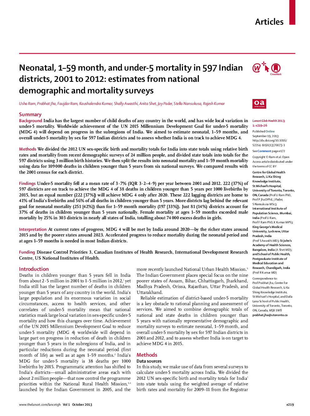 Neonatal, 1–59 month, and under-5 mortality in 597 Indian districts, 2001 to 2012: estimates from national demographic and mortality surveys