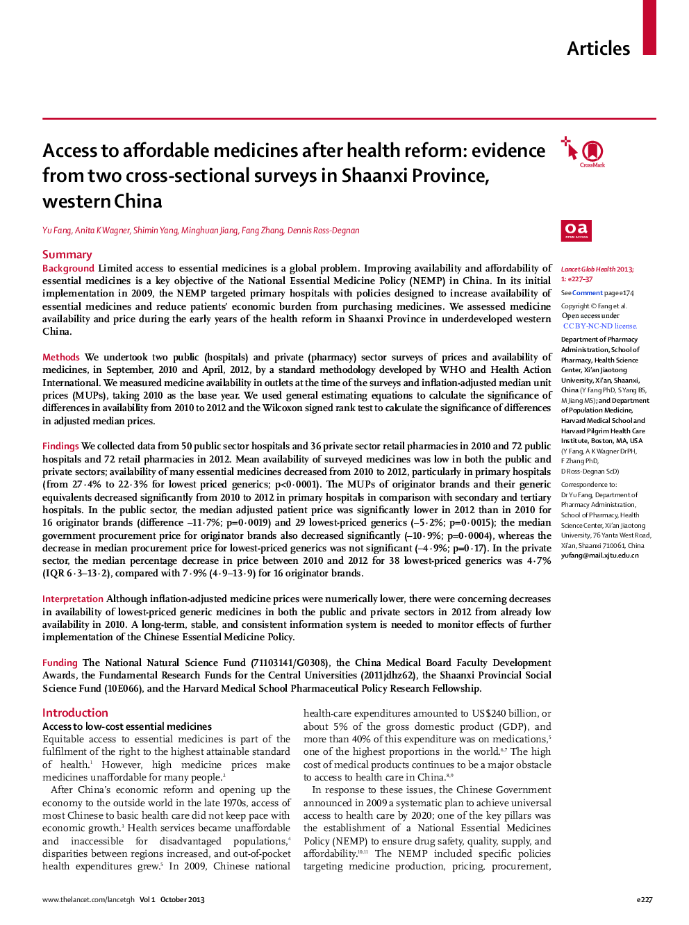 Access to affordable medicines after health reform: evidence from two cross-sectional surveys in Shaanxi Province, western China