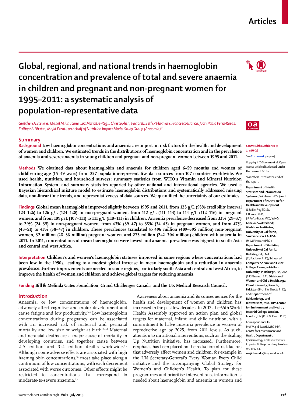 Global, regional, and national trends in haemoglobin concentration and prevalence of total and severe anaemia in children and pregnant and non-pregnant women for 1995–2011: a systematic analysis of population-representative data