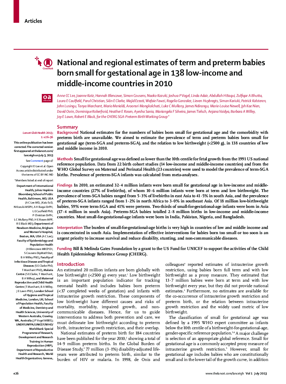 National and regional estimates of term and preterm babies born small for gestational age in 138 low-income and middle-income countries in 2010