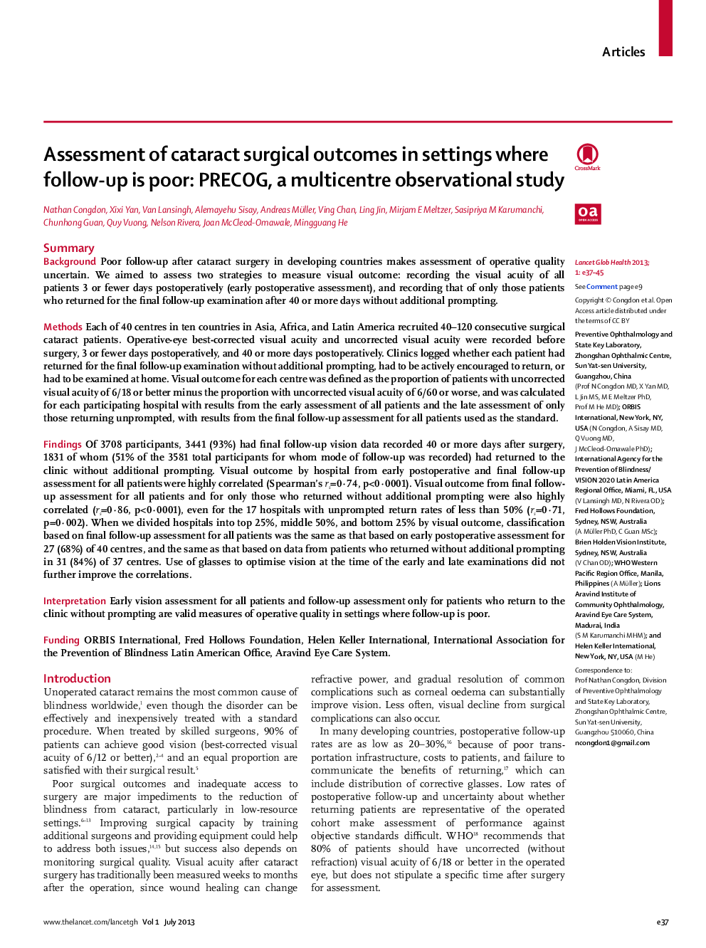 Assessment of cataract surgical outcomes in settings where follow-up is poor: PRECOG, a multicentre observational study