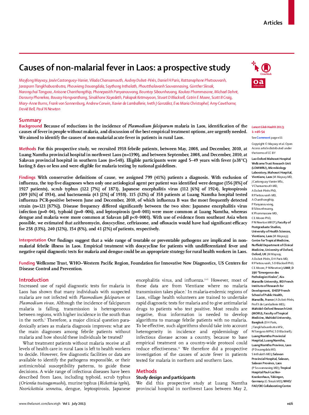 Causes of non-malarial fever in Laos: a prospective study