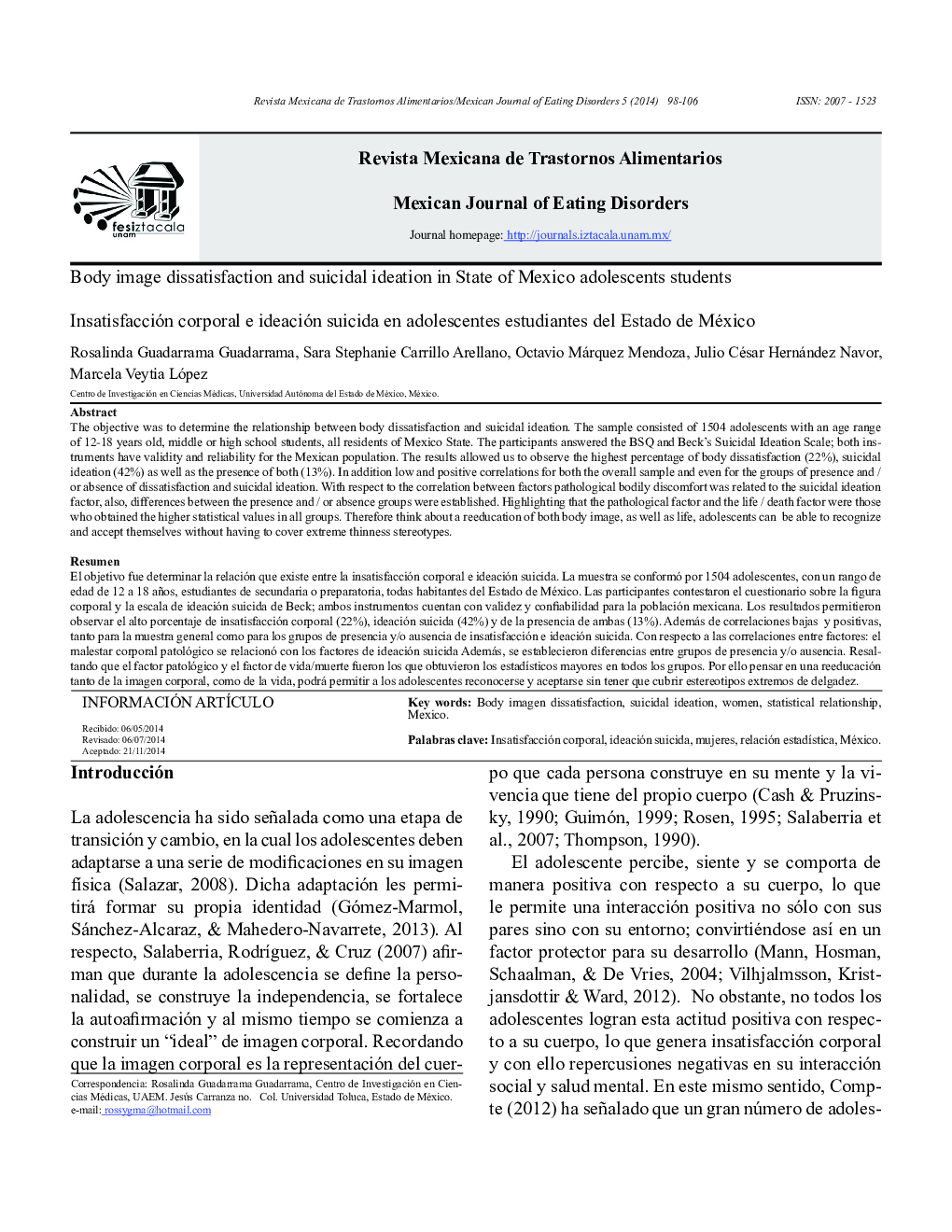 Body image dissatisfaction and suicidal ideation in State of Mexico adolescents students