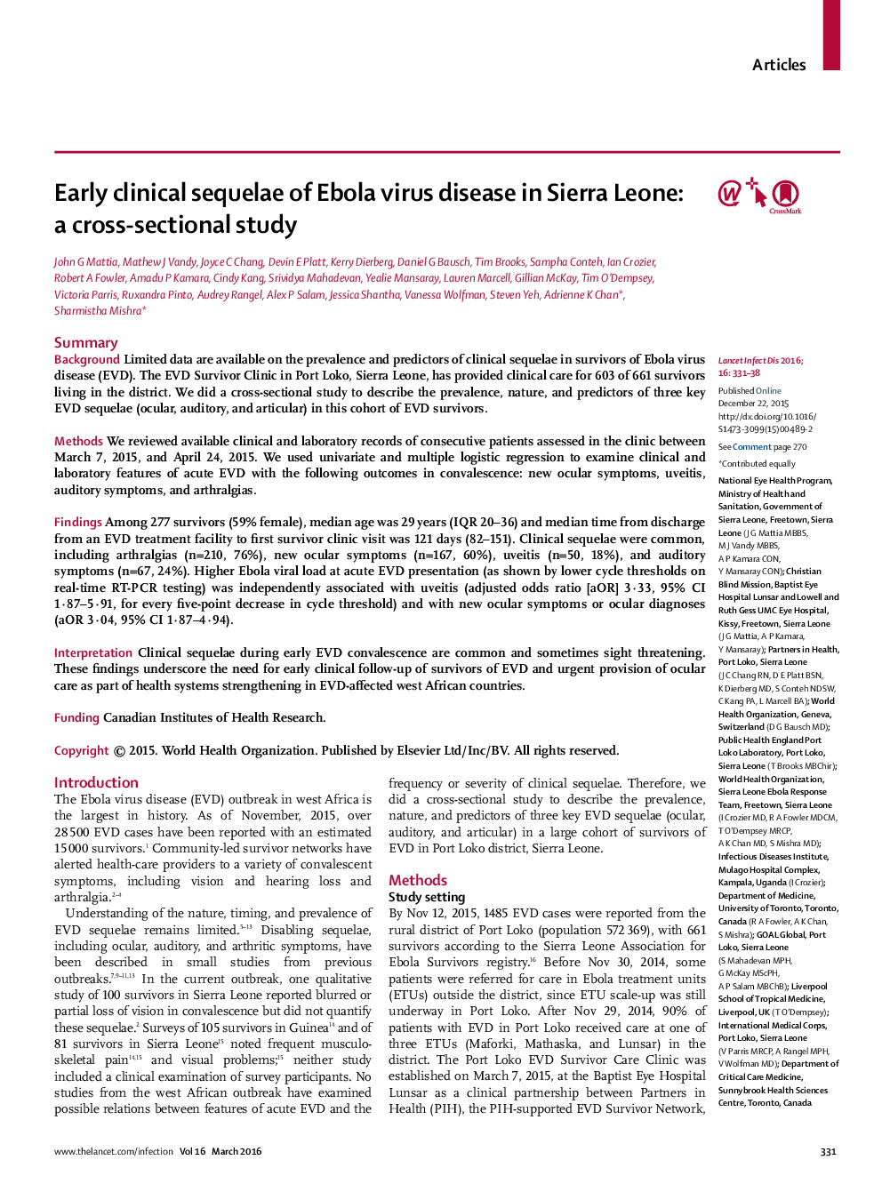 Early clinical sequelae of Ebola virus disease in Sierra Leone: a cross-sectional study